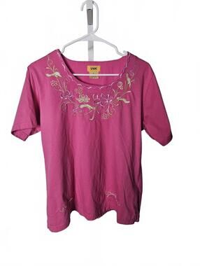 UNIK Pink Embroidered Floral Short Sleeve Shirt Large